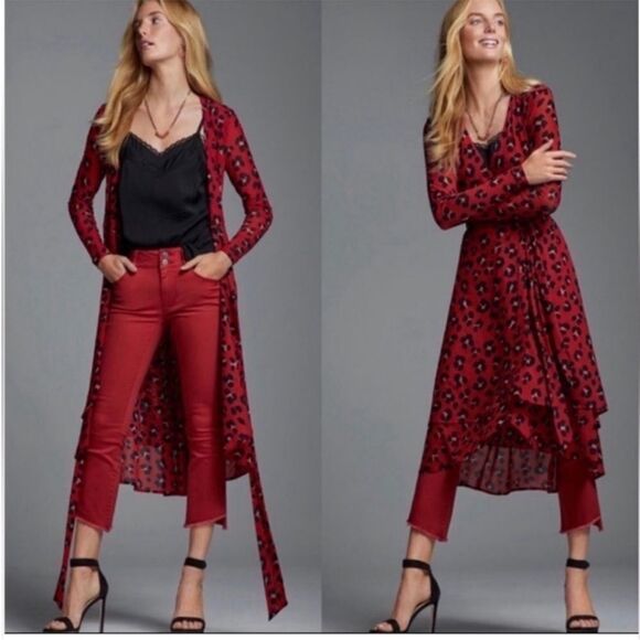 CAbi Siren Black & Red Wrap Dress/Topper/Duster Leopard Animal Print XS EUC - Picture 1 of 16